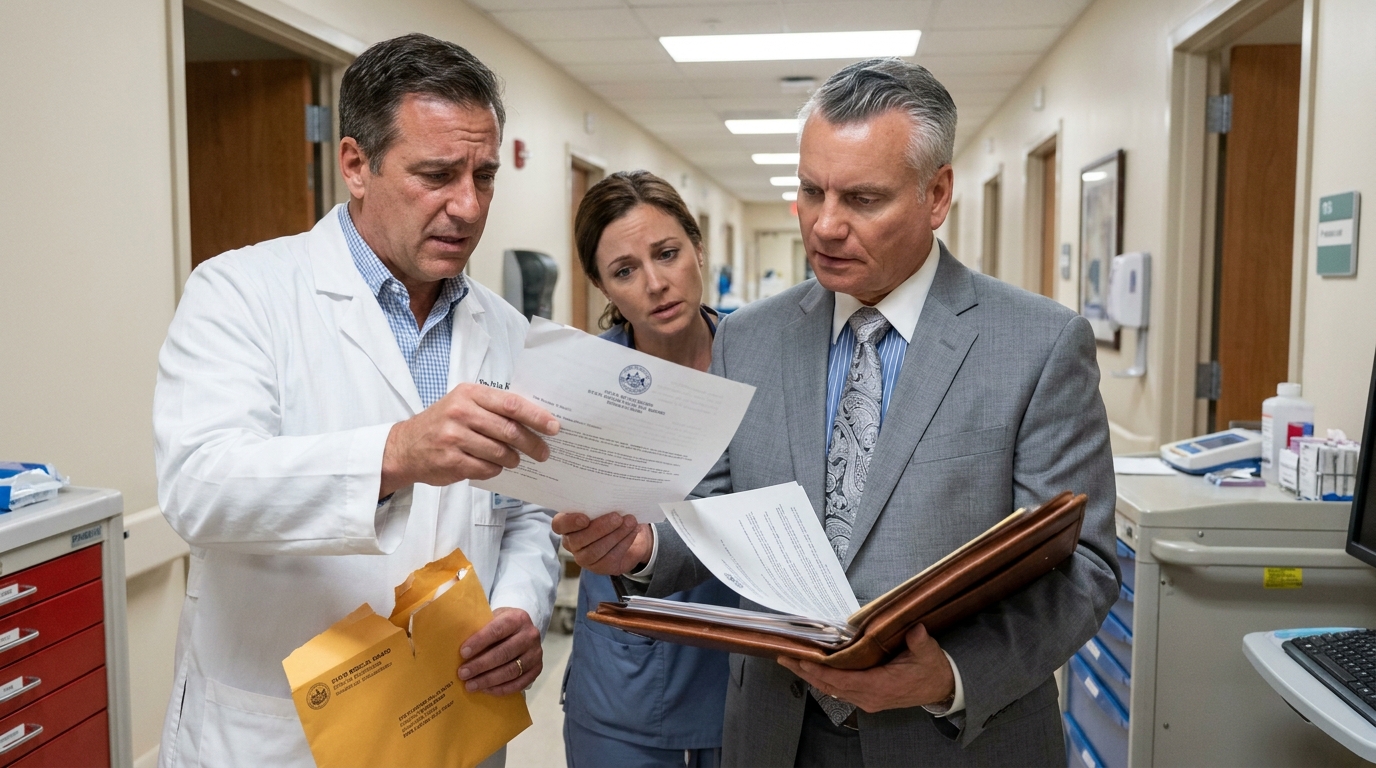 Joseph Paletta reviewing documents with hospital professionals